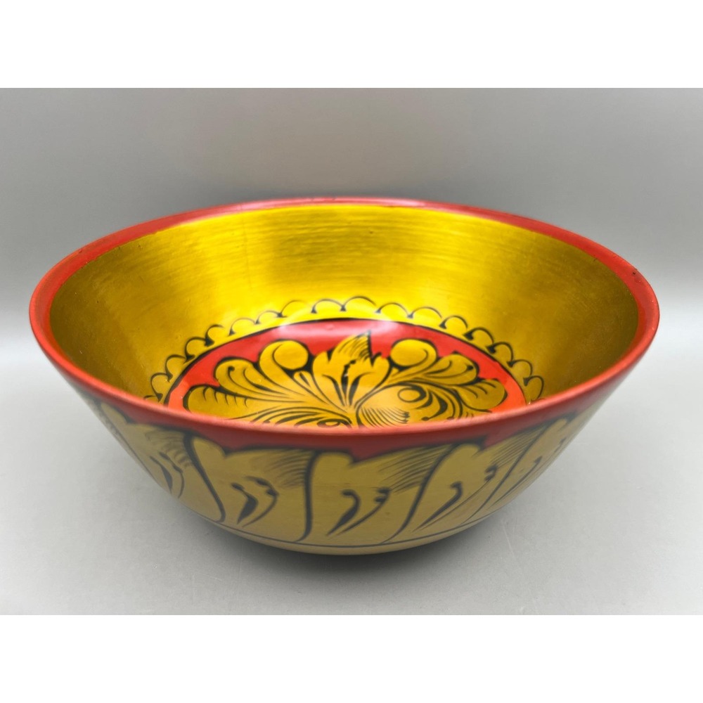 Vtg USSR Khokhloma Hand Painted Wooden Bowl Gold Red Black Russian Folk Art 5.5"